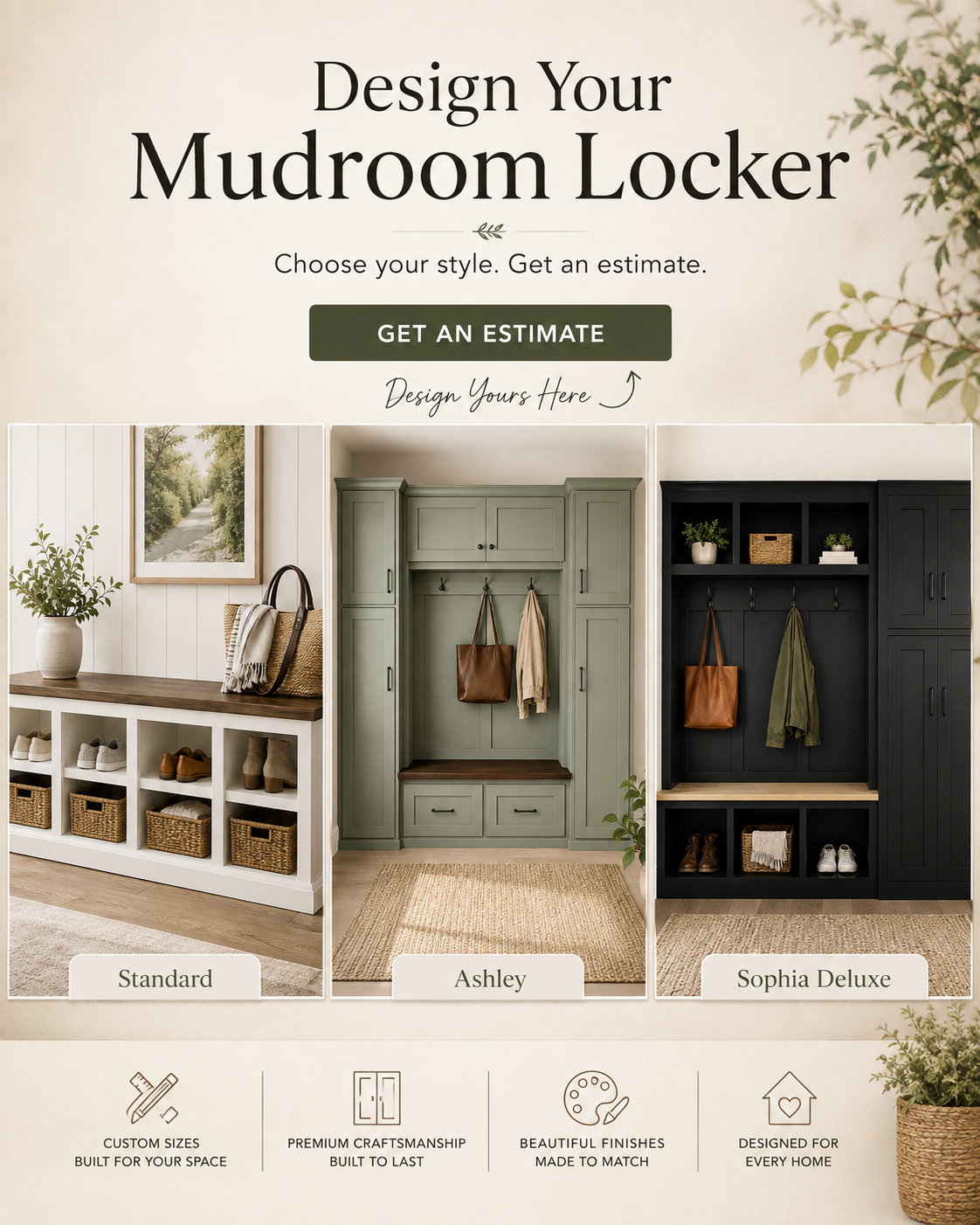 Custom mudroom locker designs by The Table Lady featuring Standard, Ashley, and Sophia Deluxe styles with custom sizes, finishes, seating, storage, and cabinet options.