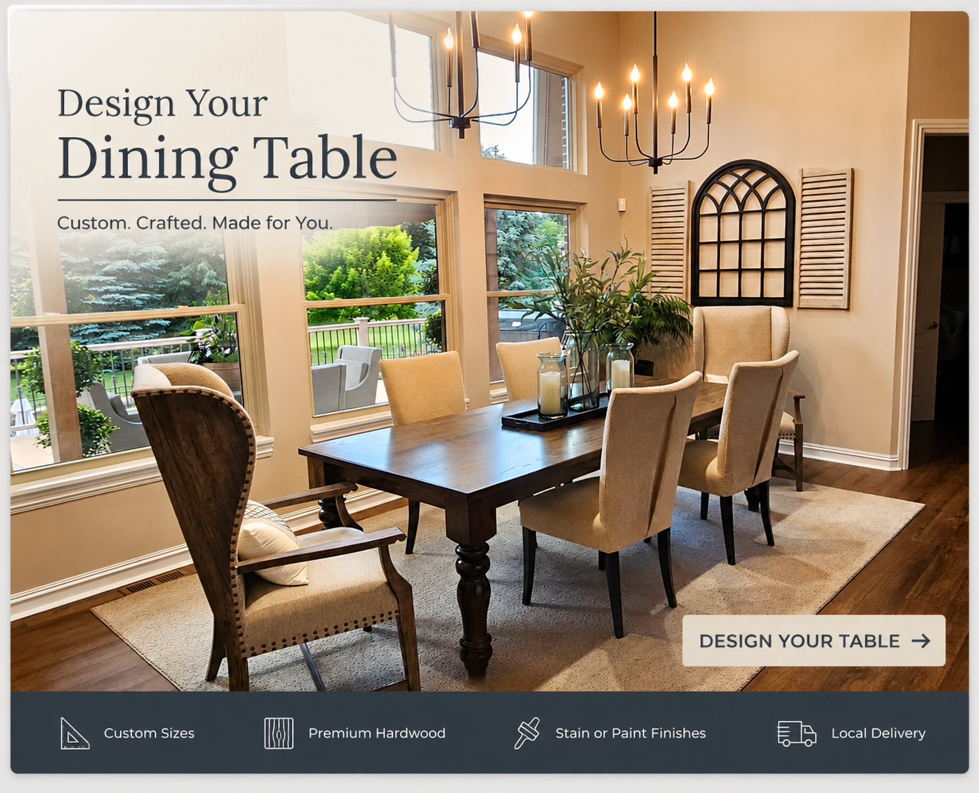 Custom solid wood dining table handcrafted by The Table Lady in Michigan, shown in a bright dining room with upholstered chairs.