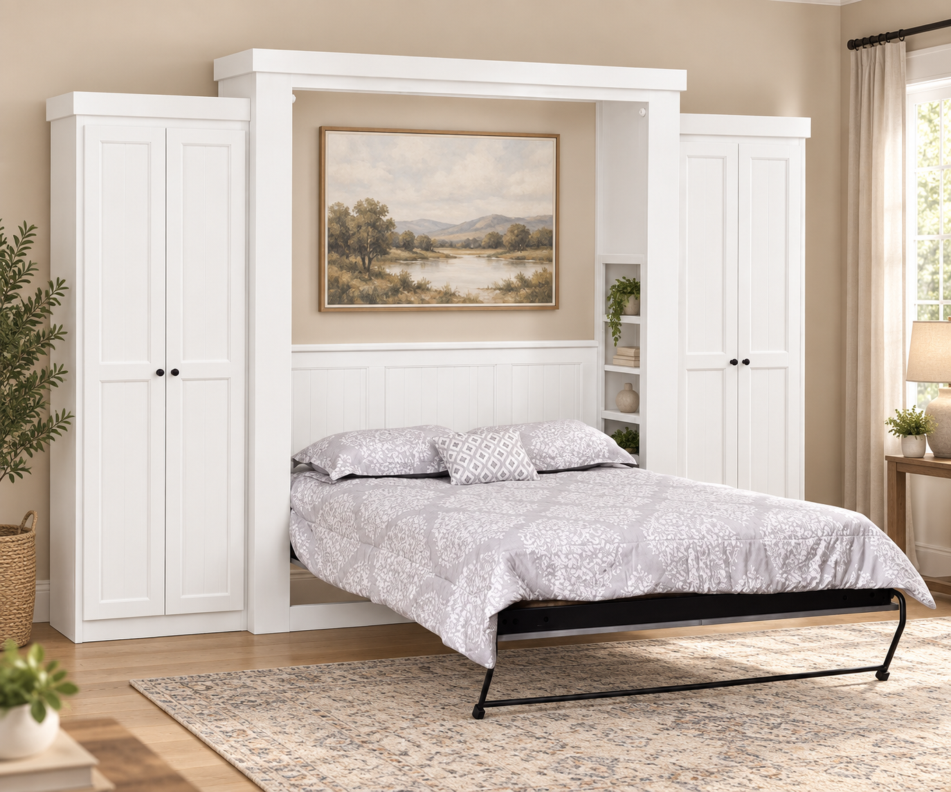 White Murphy bed shown open with matching side cabinets and light bedding