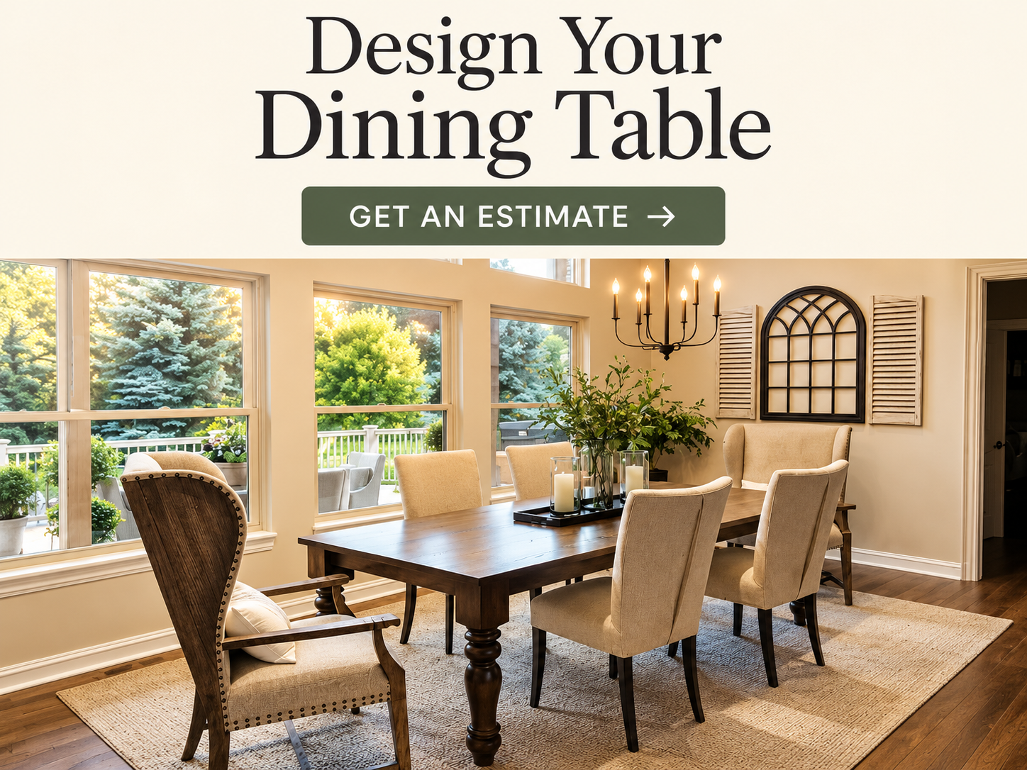 Custom solid wood dining table with turned legs and upholstered chairs in a bright dining room
