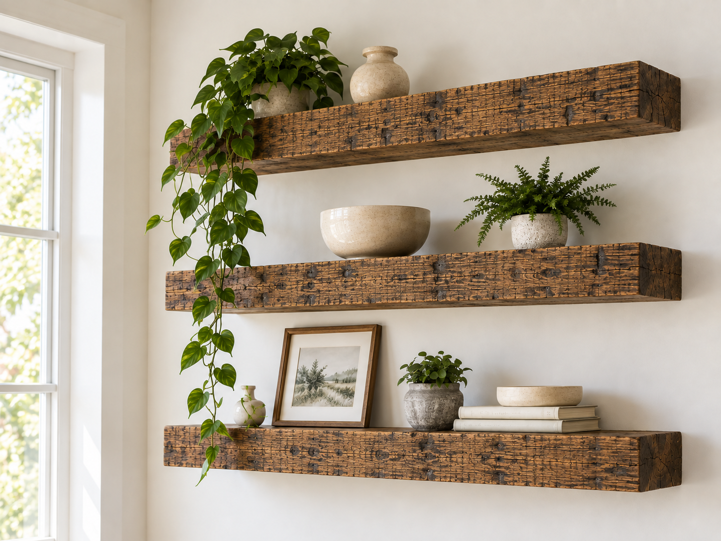 rustic thick floating shelves similar to a barnwood texture a rustic luxury look.